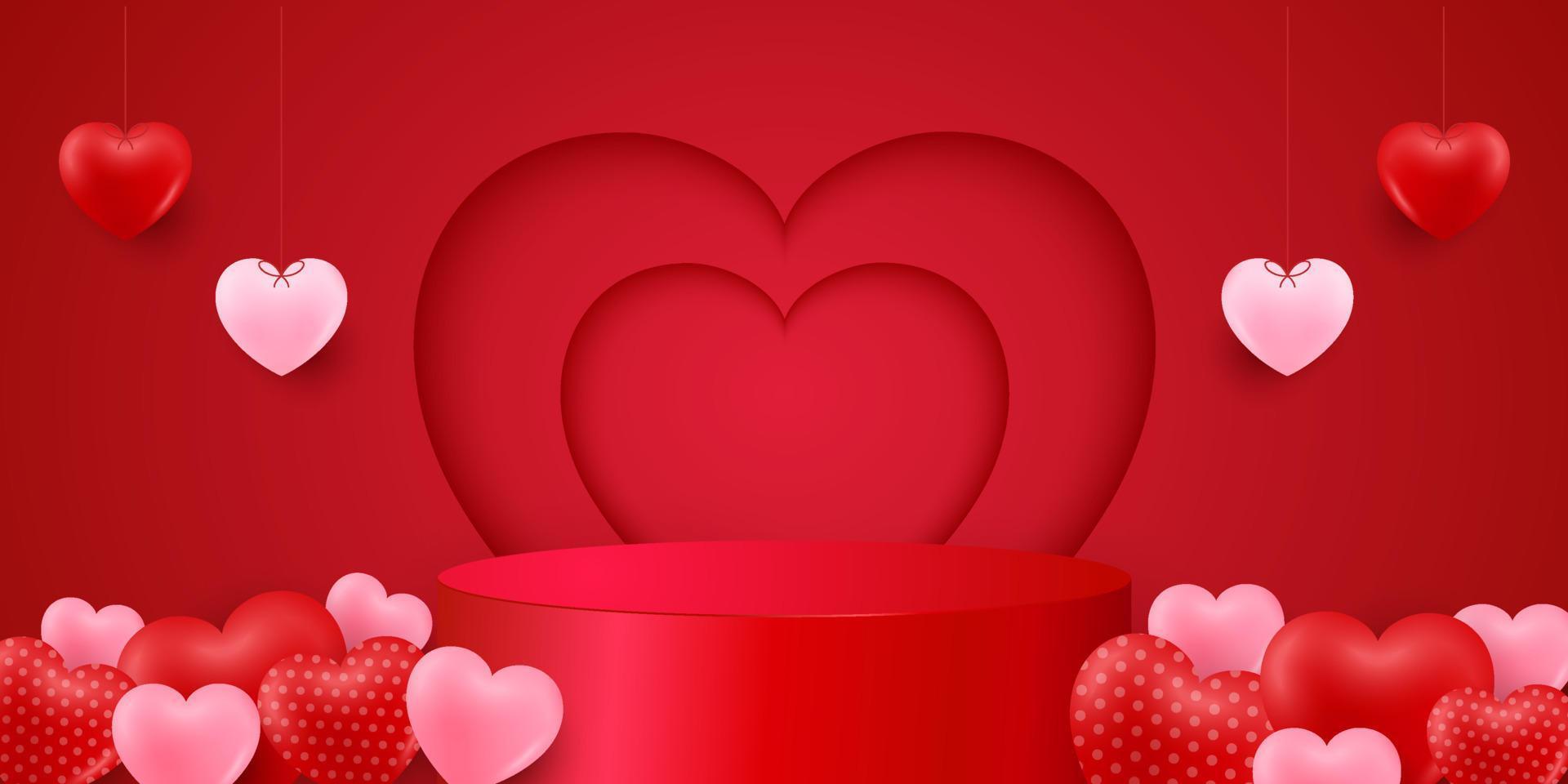 fondo de feliz día de san valentín con corazón de amor 3d realista y podio. diseño de fondo romántico. banner de vacaciones, póster web, volante, folleto elegante, tarjeta de felicitación, portada. ilustración de arte vectorial. vector