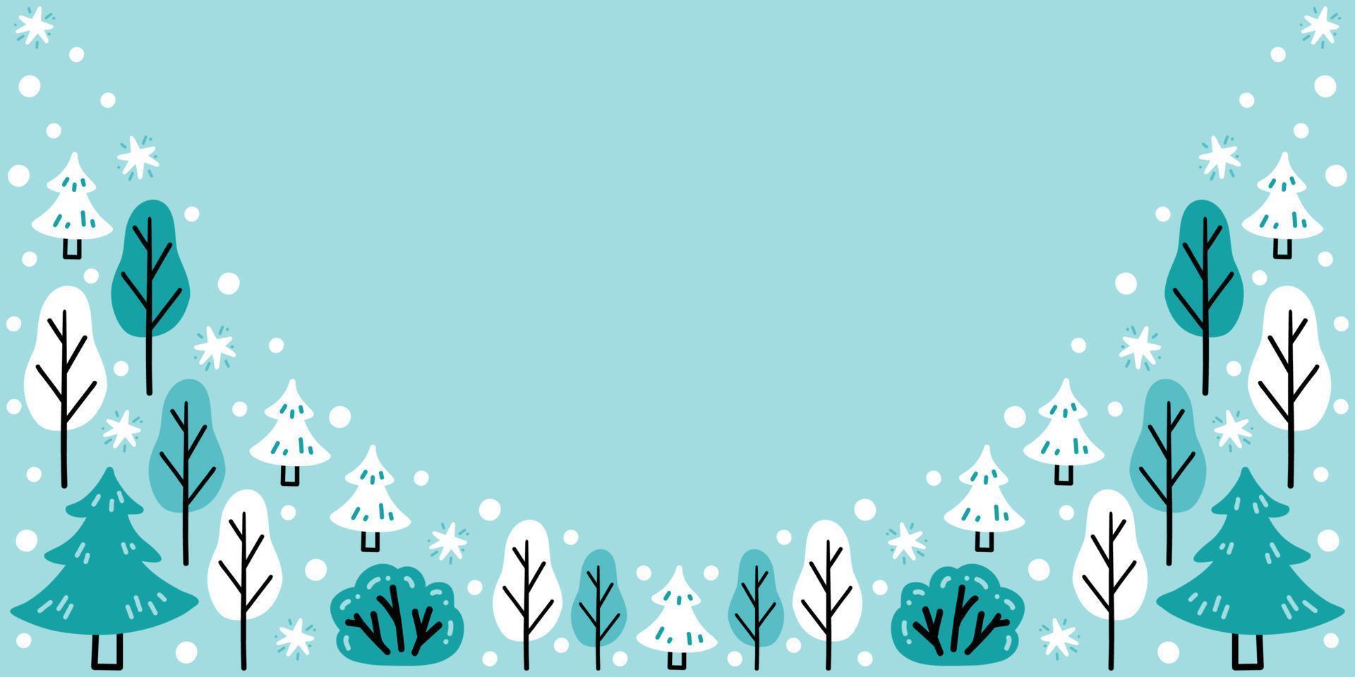 Abstract winter template with snowy trees, snowflakes on blue background vector