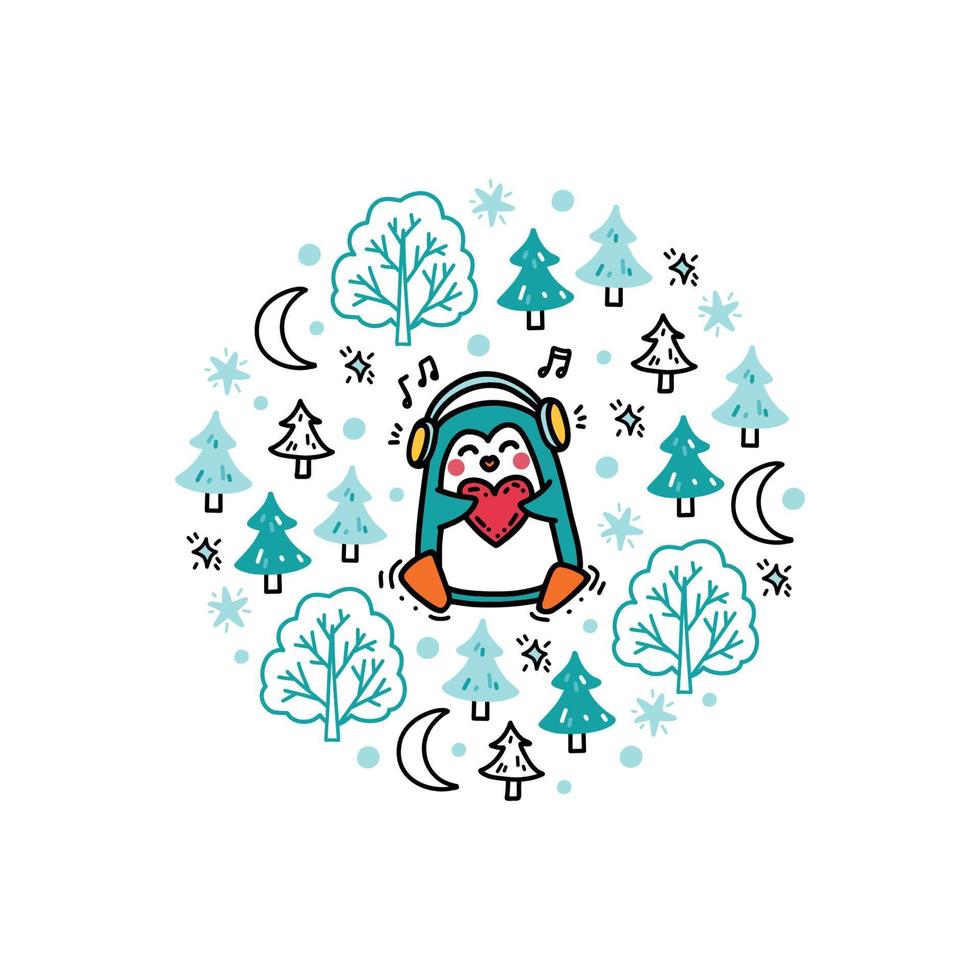 lindo bebé pingüino cantando y bailando en un bosque nevado vector