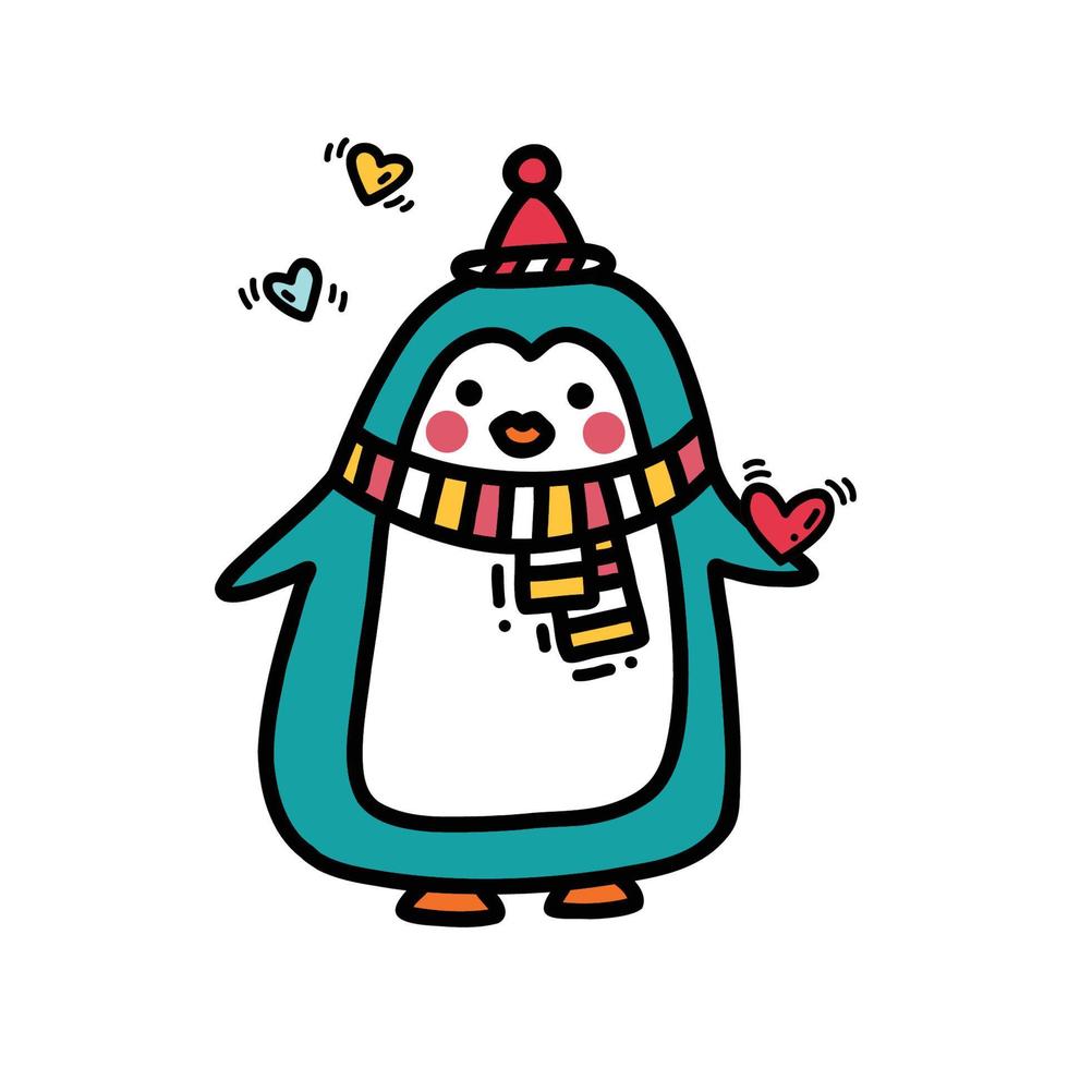 lindo niño pequeño pingüino tiene corazones coloridos. ilustración vectorial vector