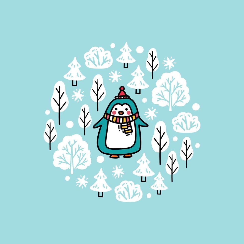 composición de invierno con lindo bebé pingüino, árboles nevados, copos de nieve vector