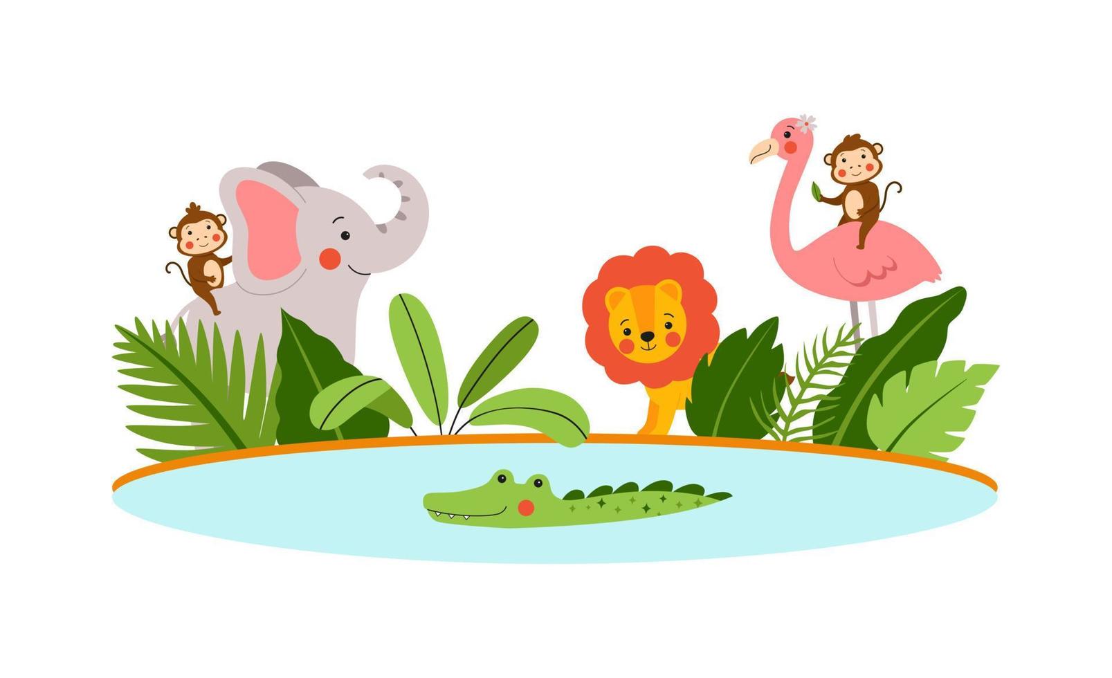 Group of cute safari animals on the banks of a tropical river vector