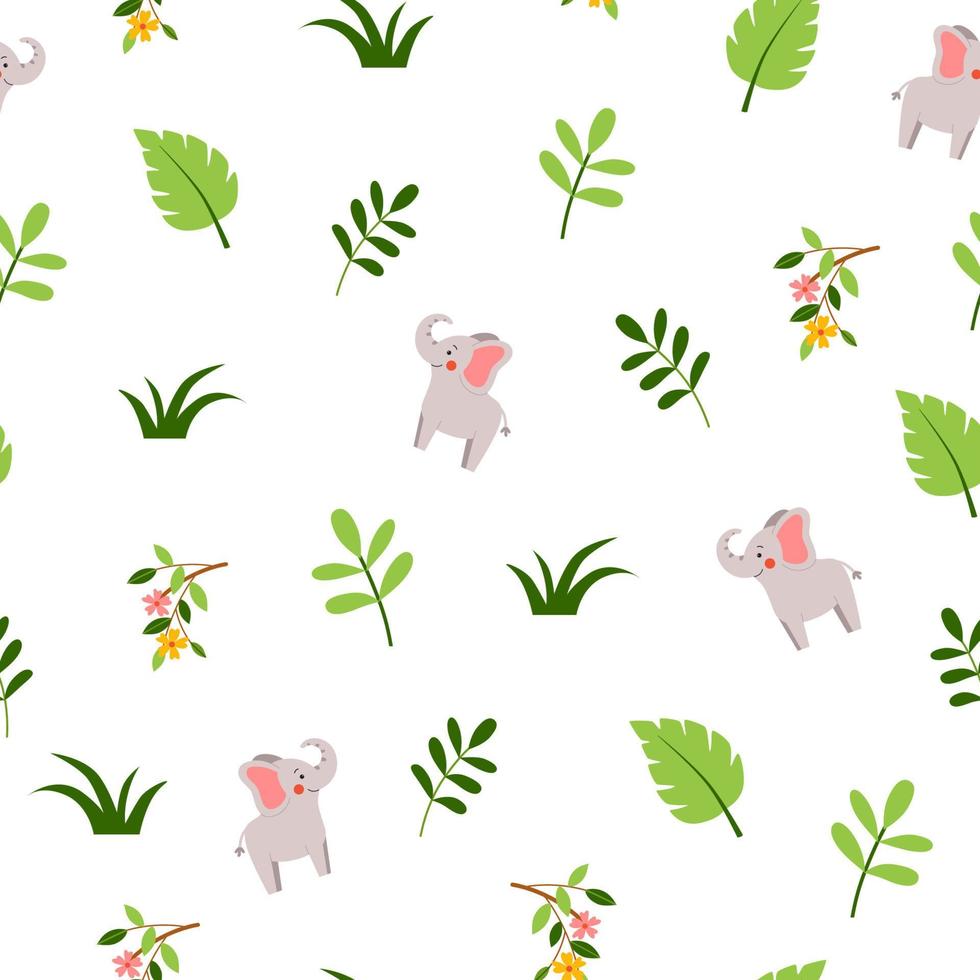 Seamless vector pattern with cute baby elephants drawn in flat style