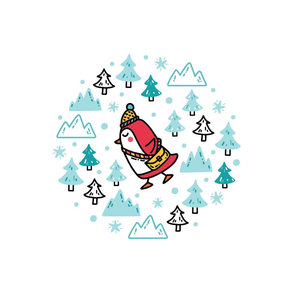 lindo bebé pingüino corriendo en un bosque nevado. divertida ilustración de invierno vector