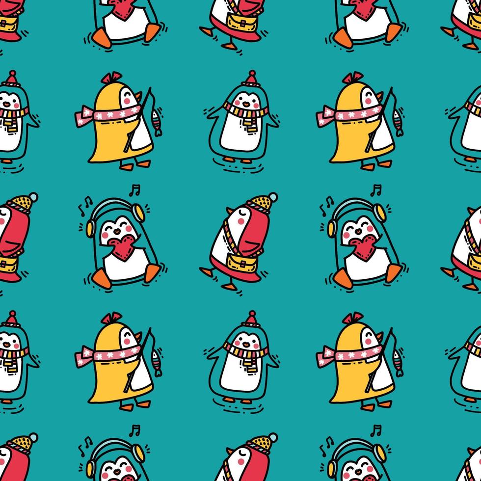 Cute little penguins in colorful print for kids textile vector