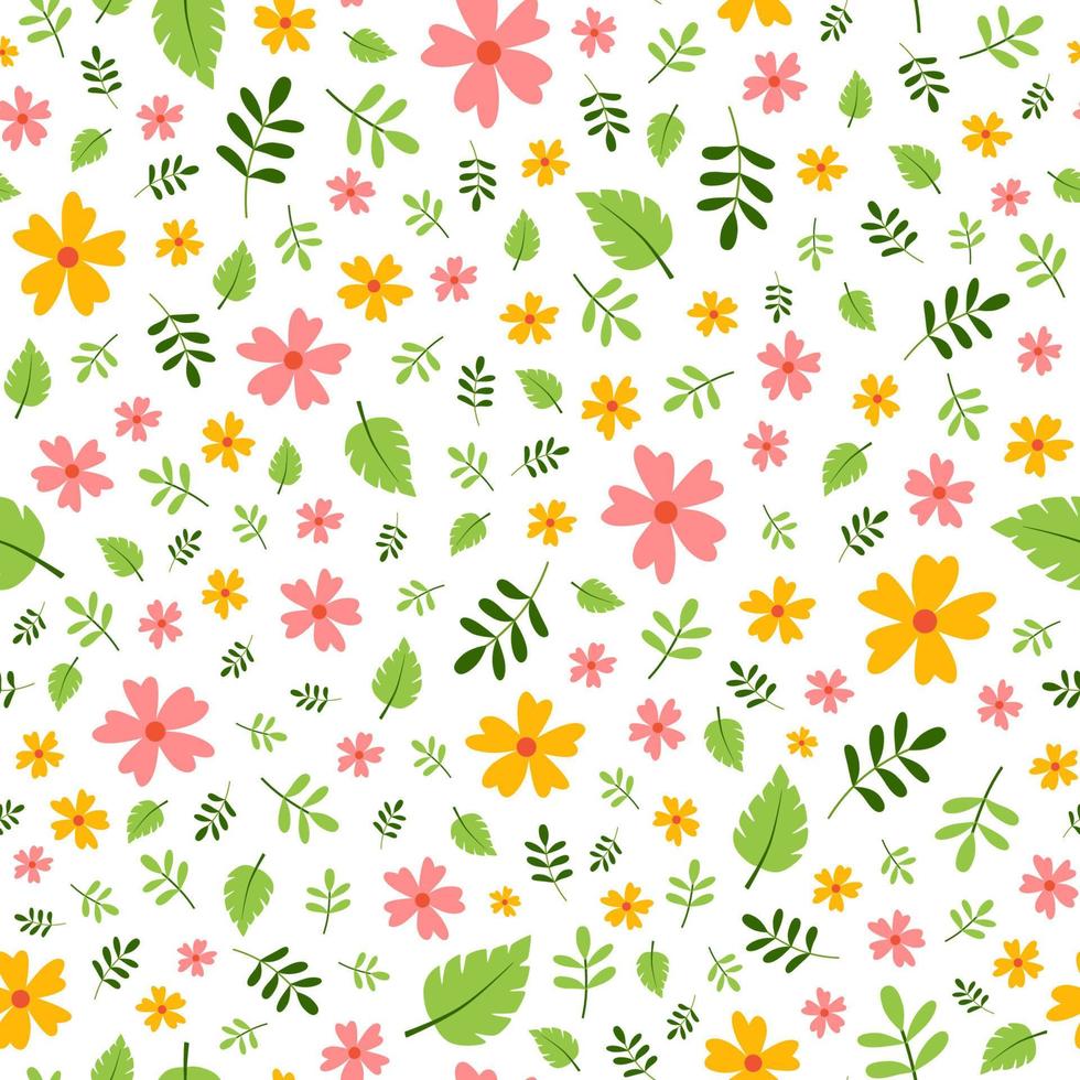Summer vector pattern with cute simple flowers and leaves