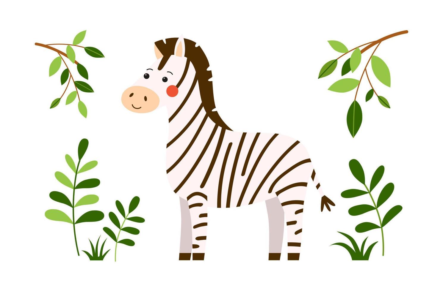 Cute vector print with striped baby zebra stands on the green grass