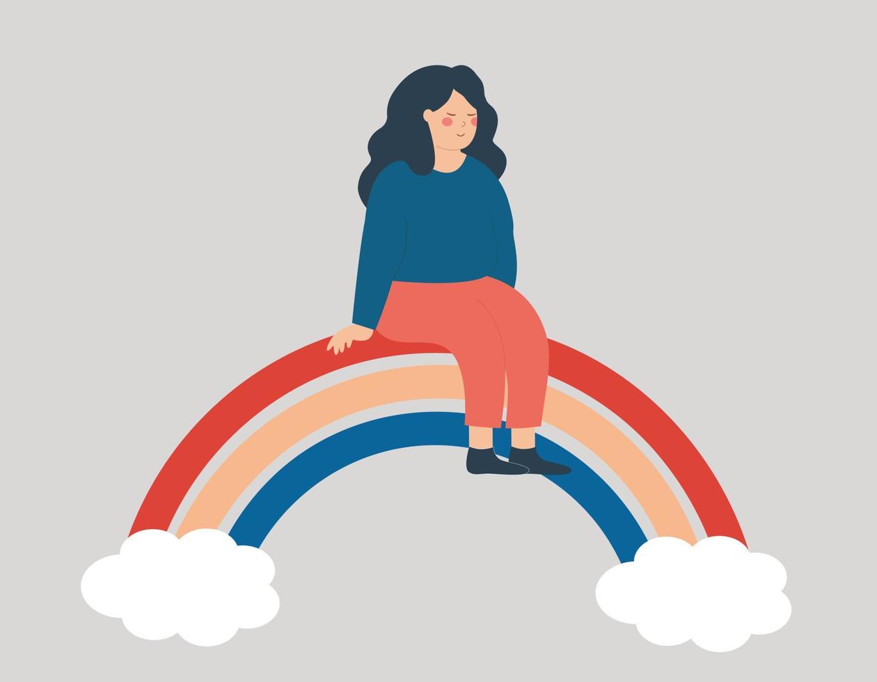 Young woman spreads positive vibe while sitting on the rainbow with balance. Happy girl smiles and enjoys her freedom. Positive body, mental health, psychological care, well being lifestyle concept. vector
