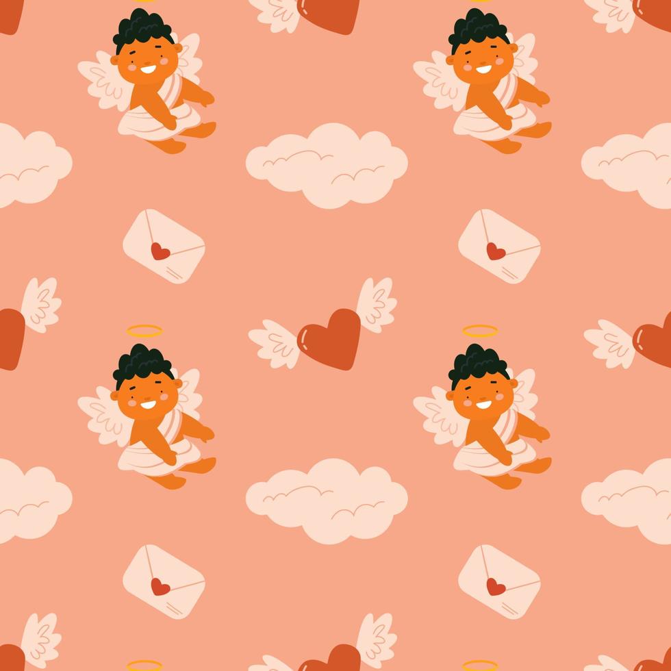 Seamless pattern with clouds and Cupids. Cute repeating design for textile and fabrics. Vector illustration.