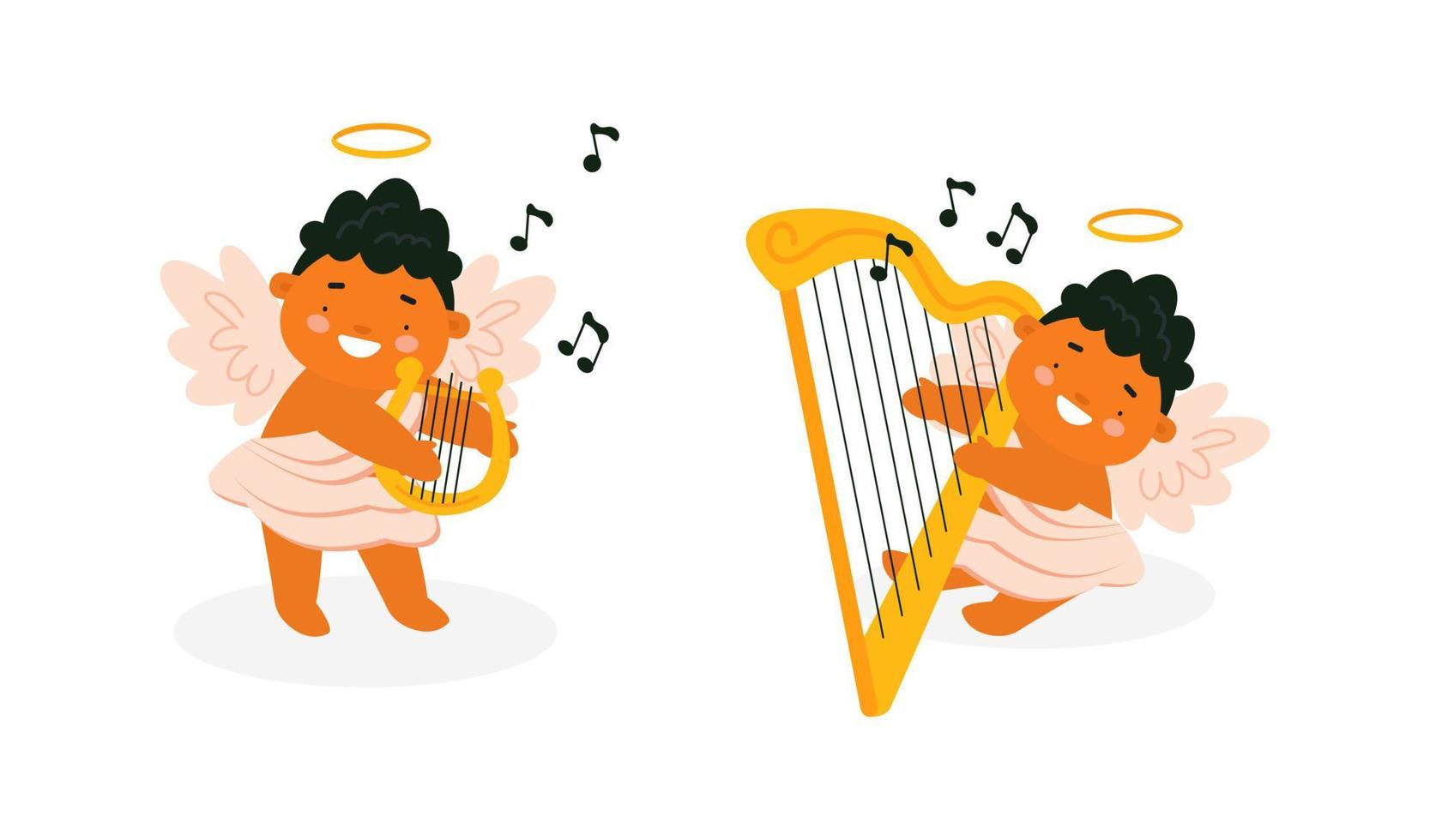 Cute baby Cupids playing lyre and harp. Baby angel character performance set. Vector illustration for St. Valentine's Day card, print, kids products design.