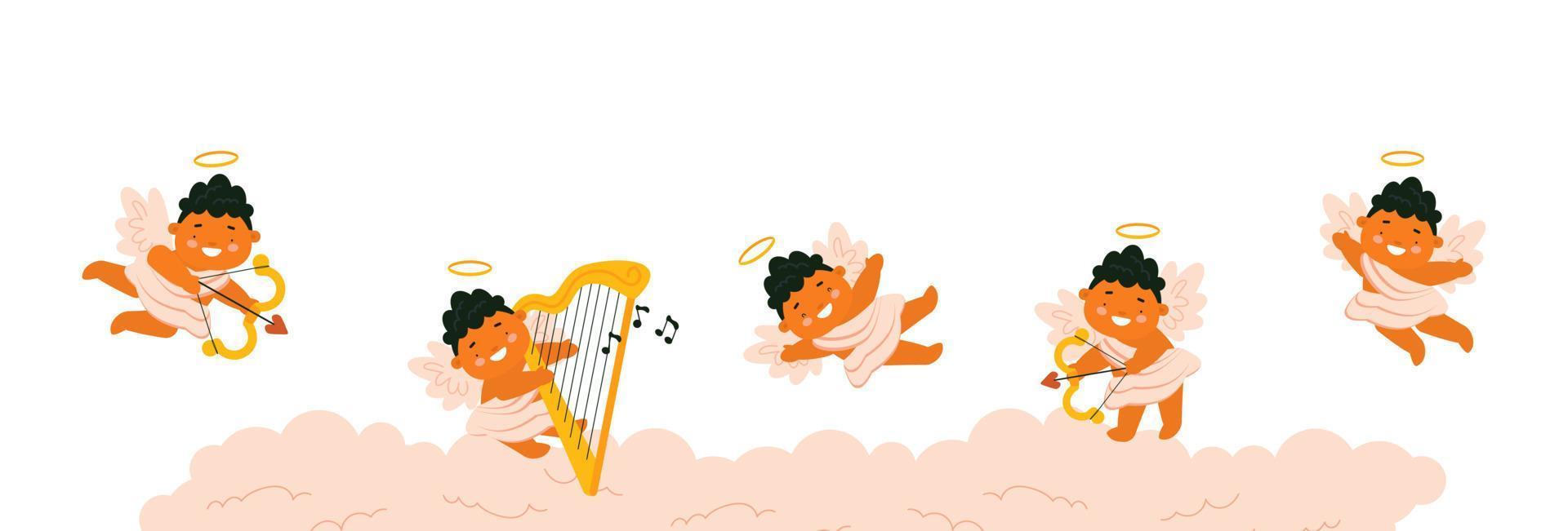 Cute baby Cupids playing on cloud. Horizontal border banner with free space for text. Vector illustration for St. Valentine's Day card, print, kids products design.