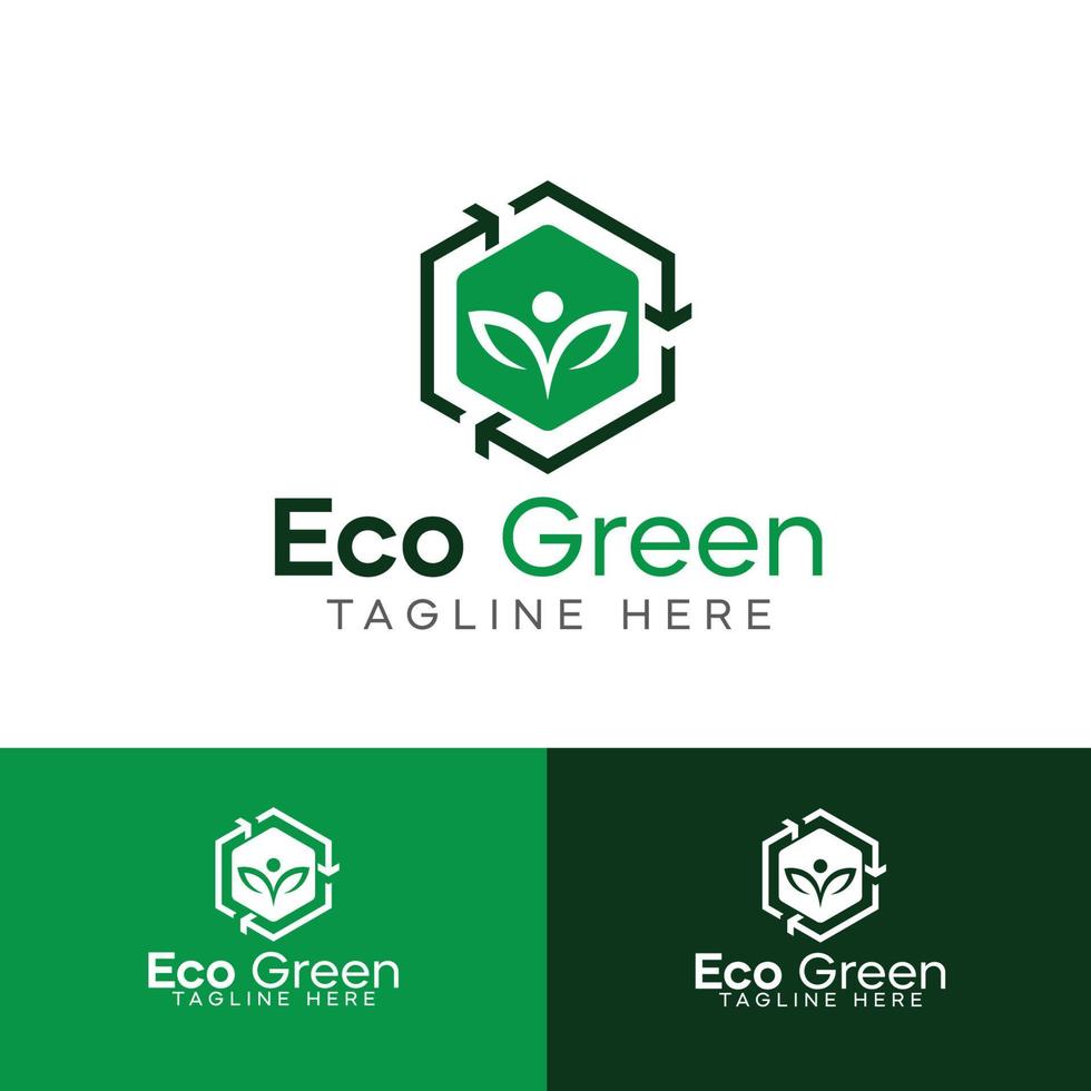 Eco green solutions logo template premium vector, hexagon human icon logo vector