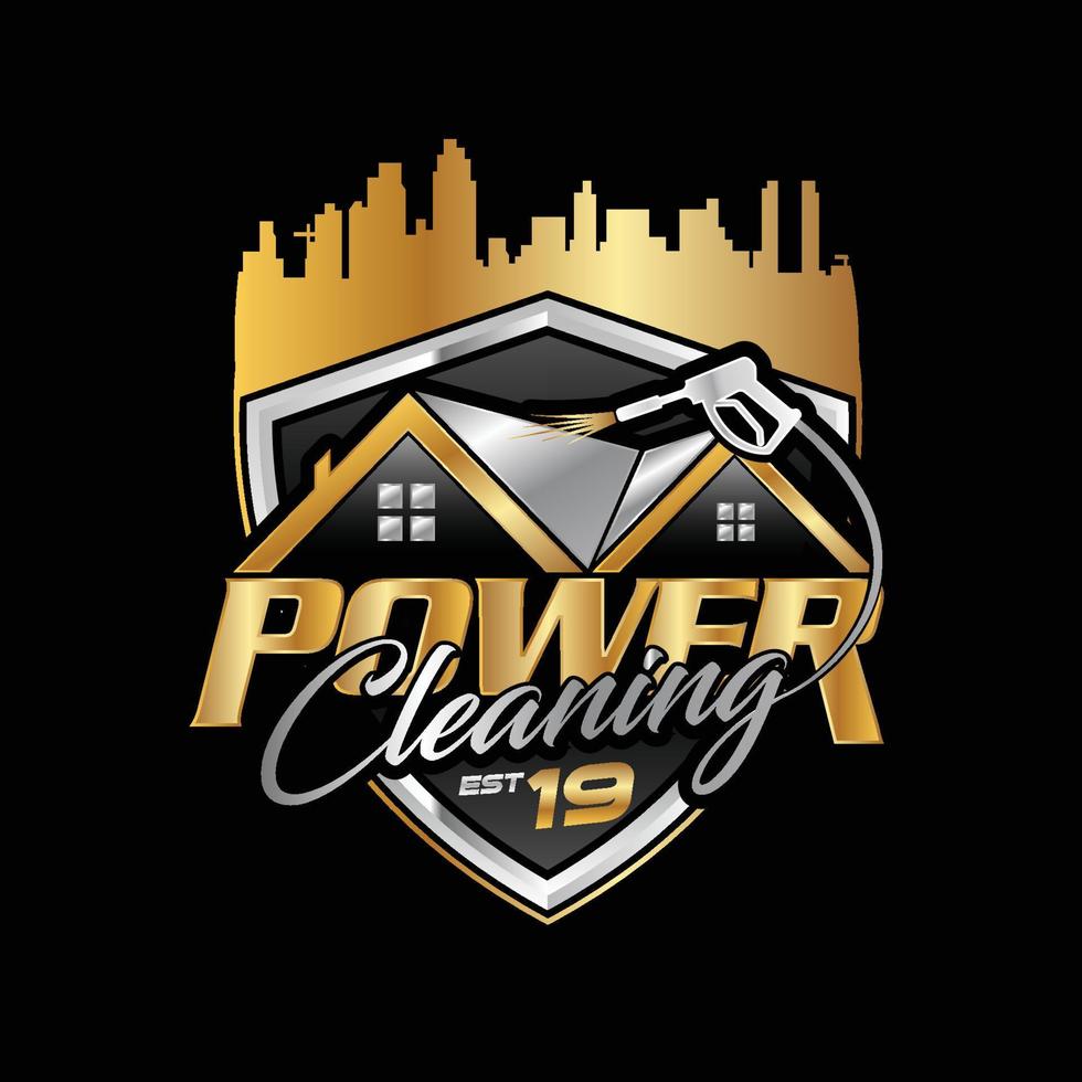 Home and property cleaning logo design with city skyline emblem vector