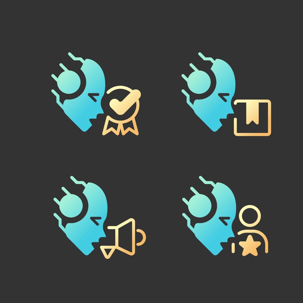 Artificial intelligence in business gradient glyph icons set with lineart for dark theme. Company development. Isolated color vector illustrations for night mode. Solid linear pictograms pack