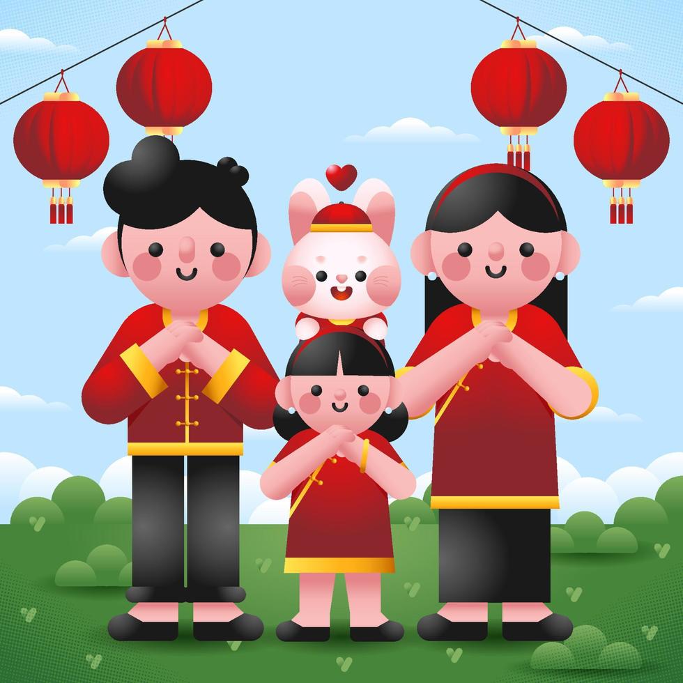 familia celebrando el año nuevo chino vector