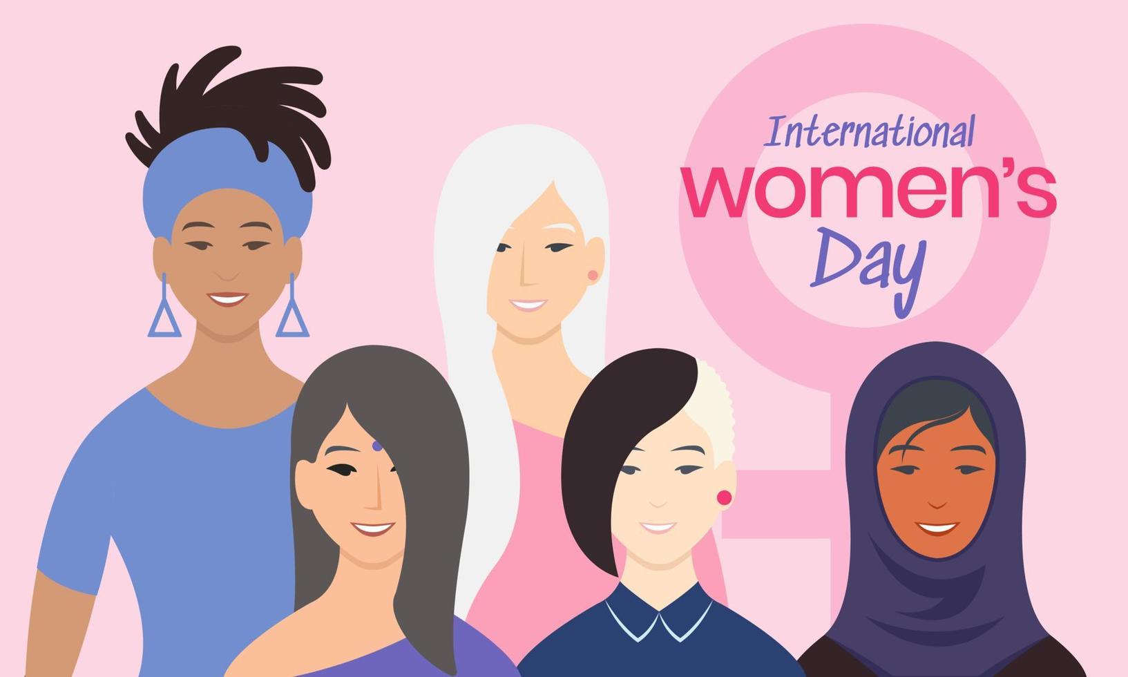 Women of different ethnicities and cultures with a sign of the woman on pink background. vector