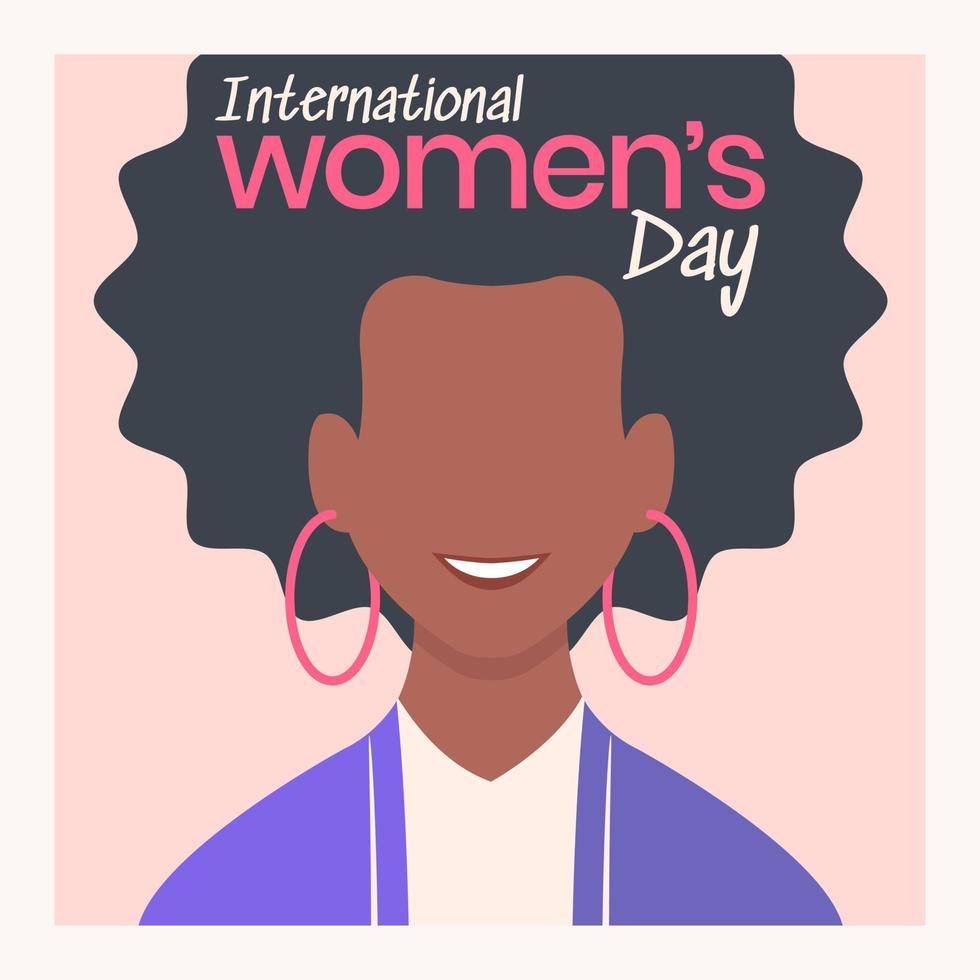 Portrait of black woman with afro hair and text International womens day. vector