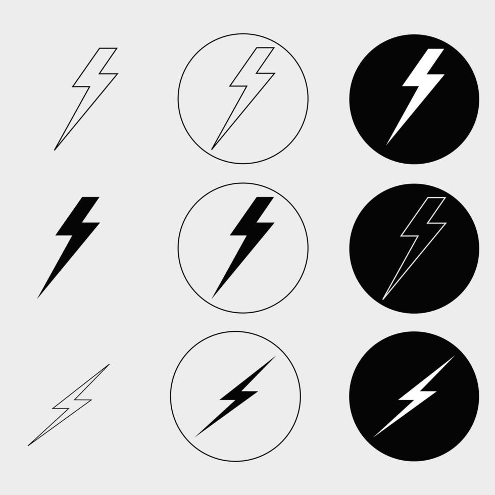 conjunto de iconos de relámpagos, elemento de diseño del logotipo del vector de energía eléctrica. concepto de símbolo de electricidad de energía y truenos. signo de perno de destello en el círculo. plantilla de emblema vectorial flash. poder rapido velocidad