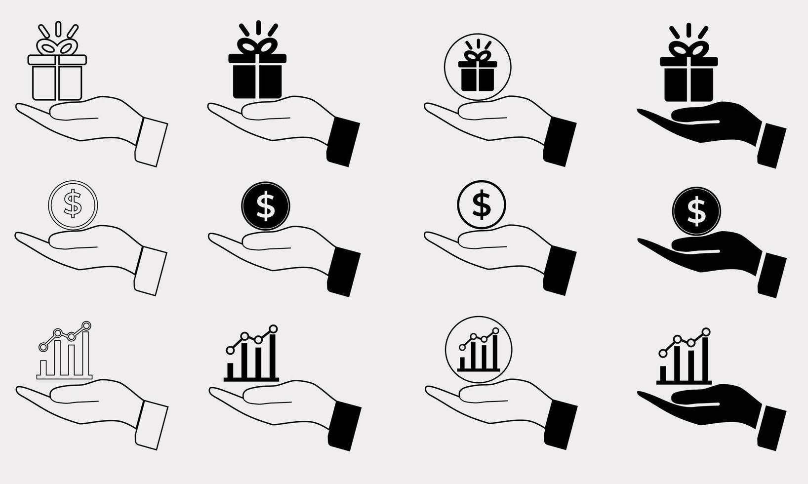 Hand icon sets. Gift, graph, coin and dollar vector illustration design