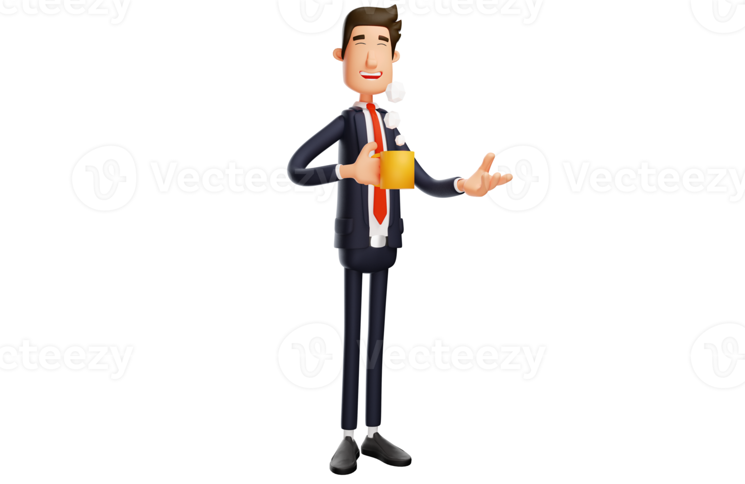 3D illustration. 3D office worker Cartoon Character talking. Handsome office worker holding glass of drink puffing smoke. Smiling office worker. 3D Cartoon Character png