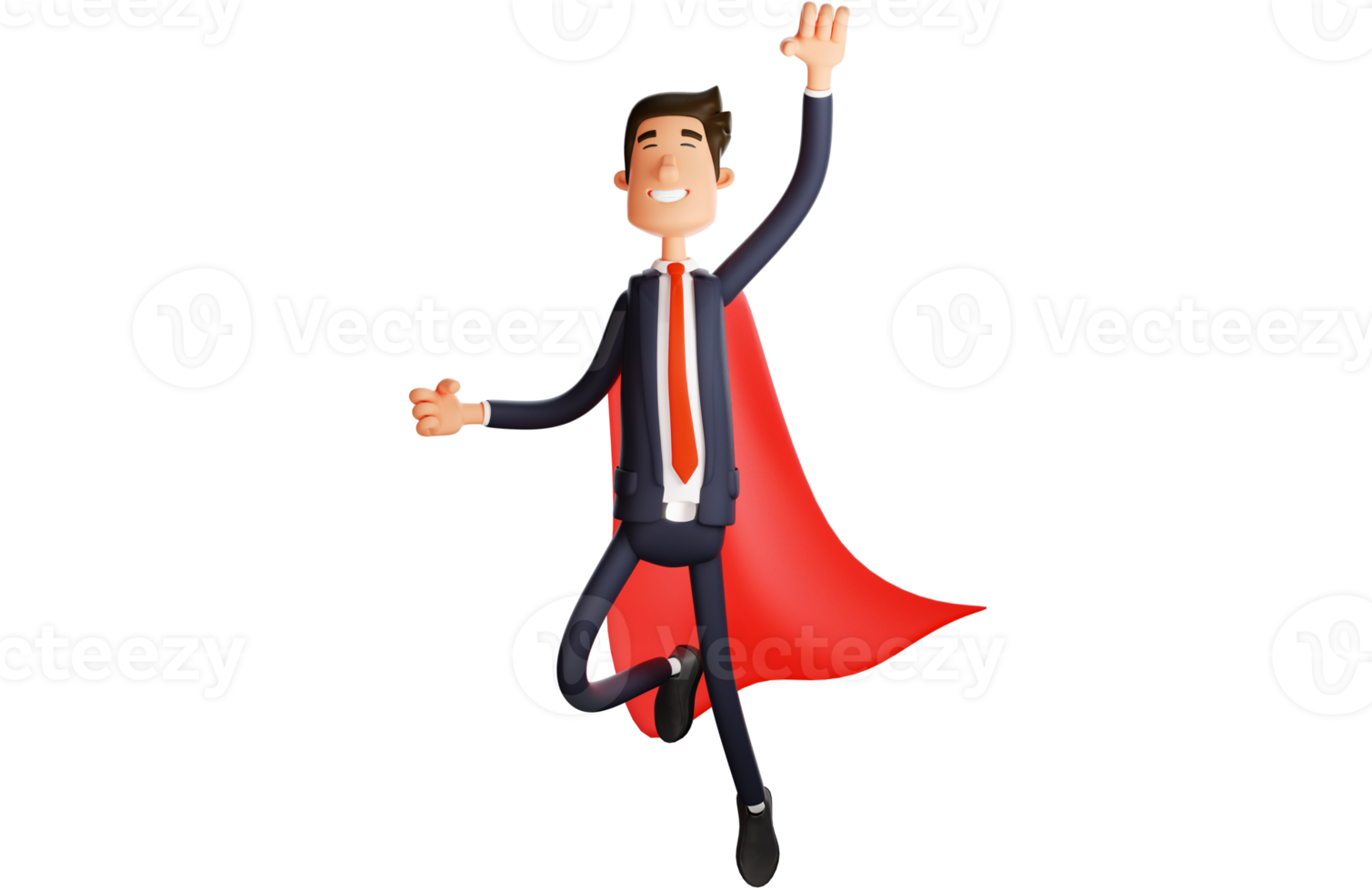 3D illustration. Cute 3D office worker Cartoon Character. The office worker wears a red cape on his back. Office worker smiles cutely and poses for flying. 3D Cartoon Character png