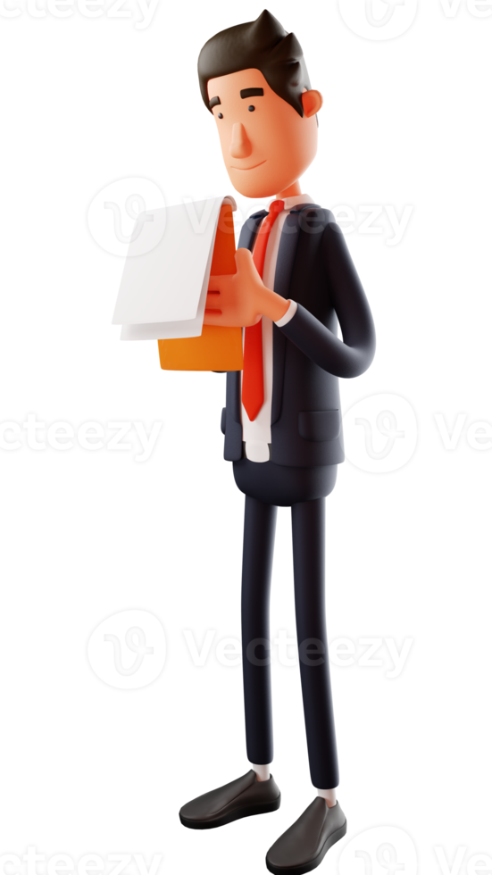 3D illustration. Diligent office worker 3D Cartoon Character. Worker cartoon holding a notebook. Young worker is checking records seriously. 3D Cartoon Character png