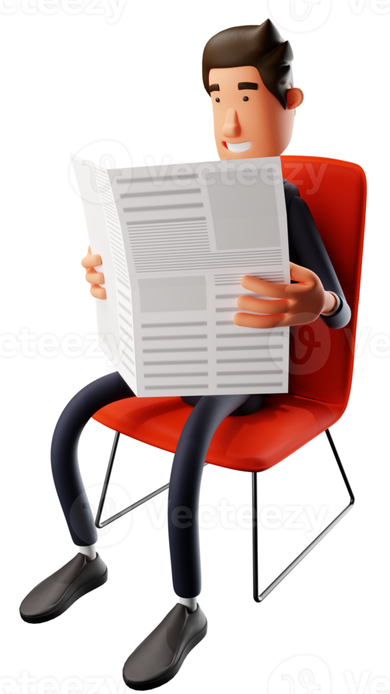 3D illustration. 3D young businessman Cartoon character relaxing. Young businessman sitting in red chair. Young businessman reading newspaper casually. 3D Cartoon Character png