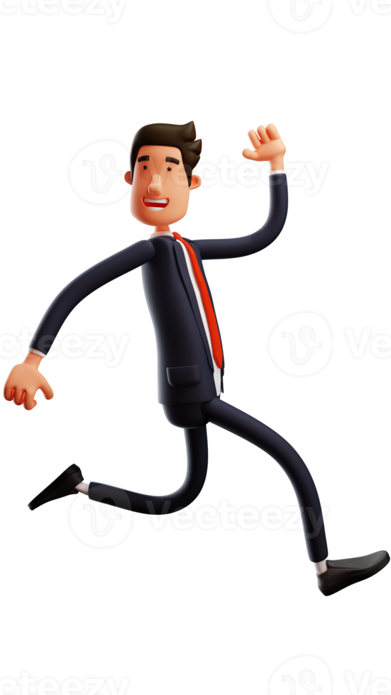 3D illustration. Diligent office worker 3D Cartoon Character. Cartoon office worker smiling and running chasing time. 3D Cartoon Character png