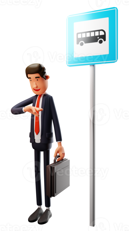 Illustration 3D. beau personnage de dessin animé 3d de travailleur de bureau. des employés de bureau diligents se tiennent aux arrêts de bus et effectuent des tâches ménagères. dessin animé de travailleur regardant regarder personnage de dessin animé 3d png