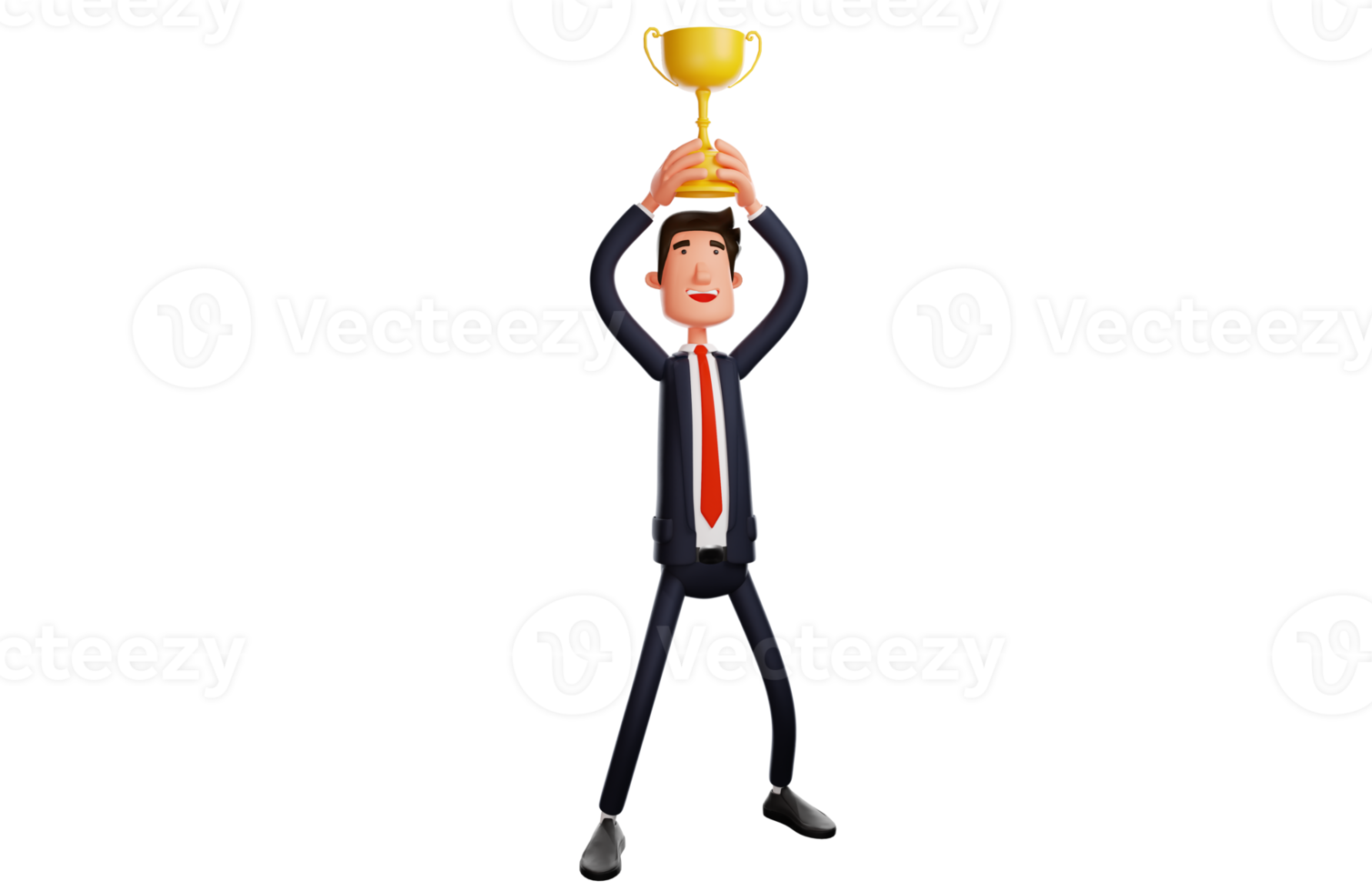 3D illustration. 3D successful businessman Cartoon Character. Happy rich businessman raising trophy. 3D Cartoon Character png