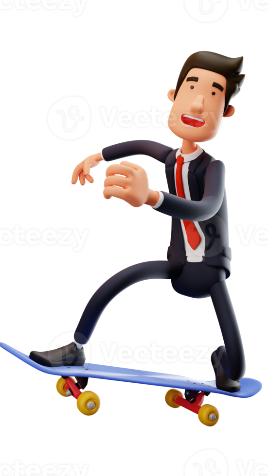 3D illustration. Cheerful office worker 3D Cartoon Character. Smiling office workers and skateboarding. 3D Cartoon Character png