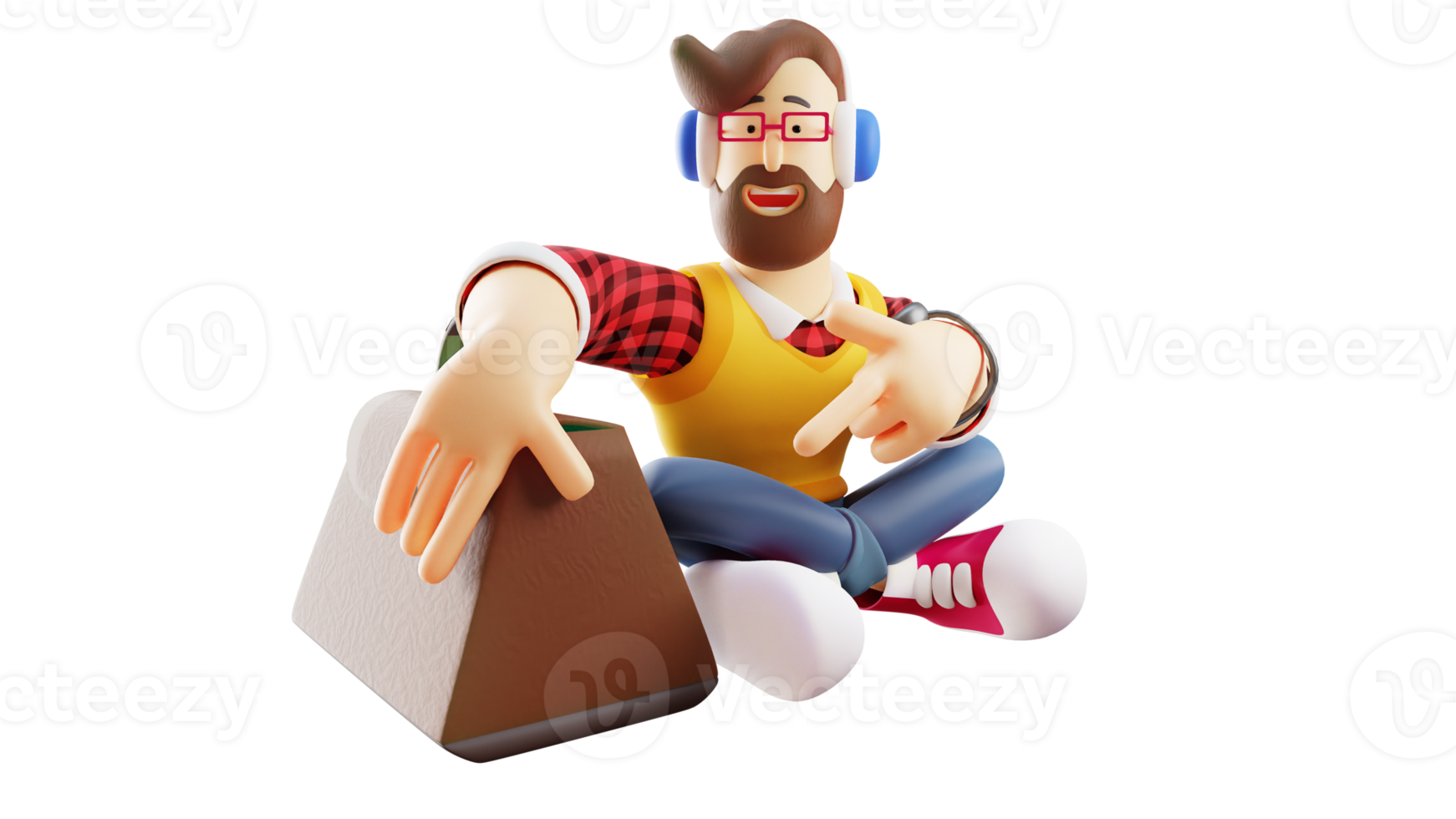 3D illustration. Friendly rich young 3D Man Cartoon Character. Rich man sitting relaxed with bag full of money beside him. Friendly man pointing at the bag. 3D Cartoon Character png
