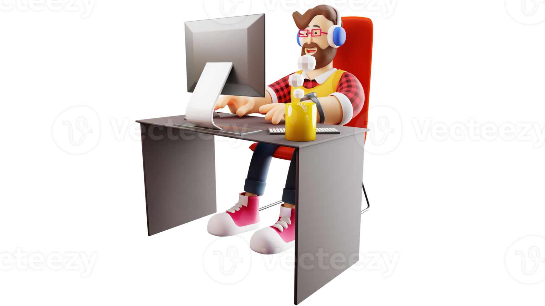 3D-Darstellung. fleißiger junger mann 3d-zeichentrickfigur. Fleißiger junger Mann, der vor dem Computer sitzt. Jugendliche arbeiten gerne. 3D-Zeichentrickfigur png