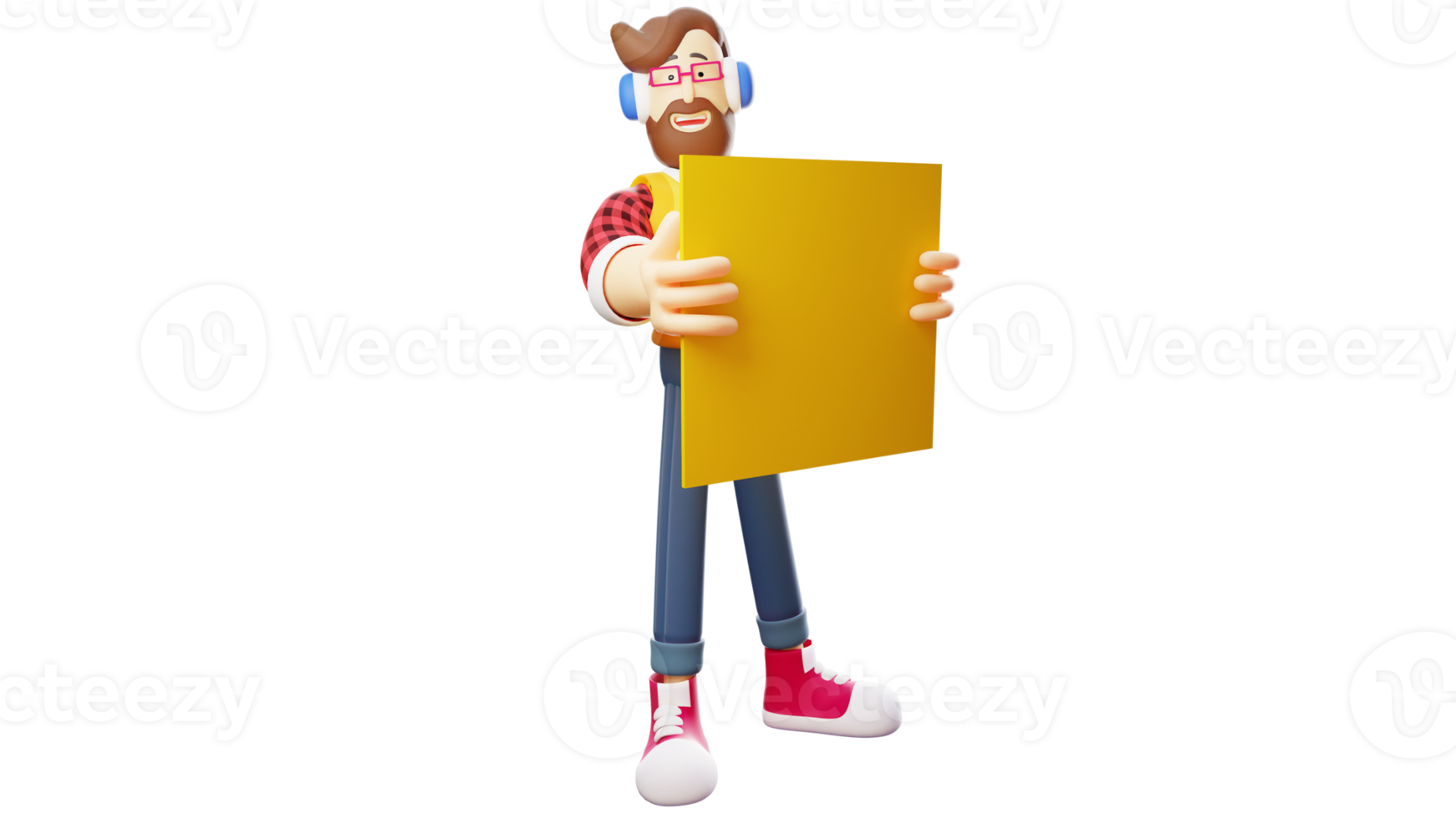 3D illustration. Diligent Young Man 3D Cartoon Character. Friendly young man carrying a yellow board. Young man smiling kindly. 3D Cartoon Character png