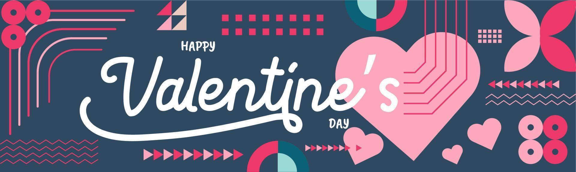 Happy Valentines day typography banner design with geometric pink theme background. Valentine design with heart shaped icon. February 14th. Vector illustration on a dark background