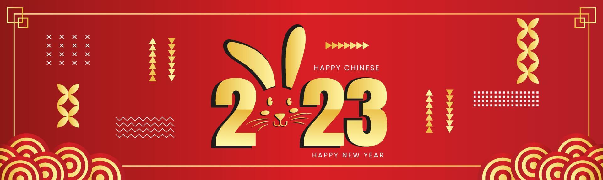 Happy Chinese New Year 2023 banner, gold numbers on red background and geometric ornament. Chinese calendar for the year of the rabbit 2023 rabbit vector