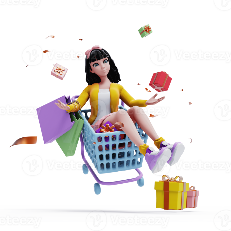 niña, con, compras, concepto, 3d, interpretación png