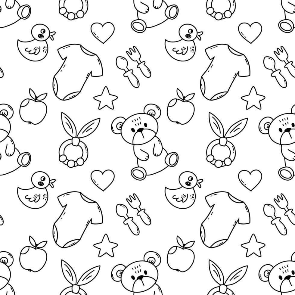 Seamless children's pattern for sewing clothes and printing on fabric. Background newborn. Cute bear. Toys  baby. Hand drawn wallpaper. vector