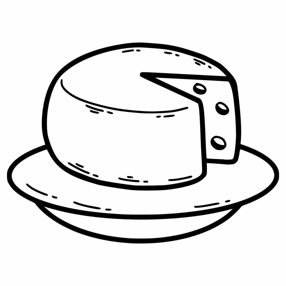 Large round cheese on plate. Vector doodle illustration. Black and white sketch. Icon.