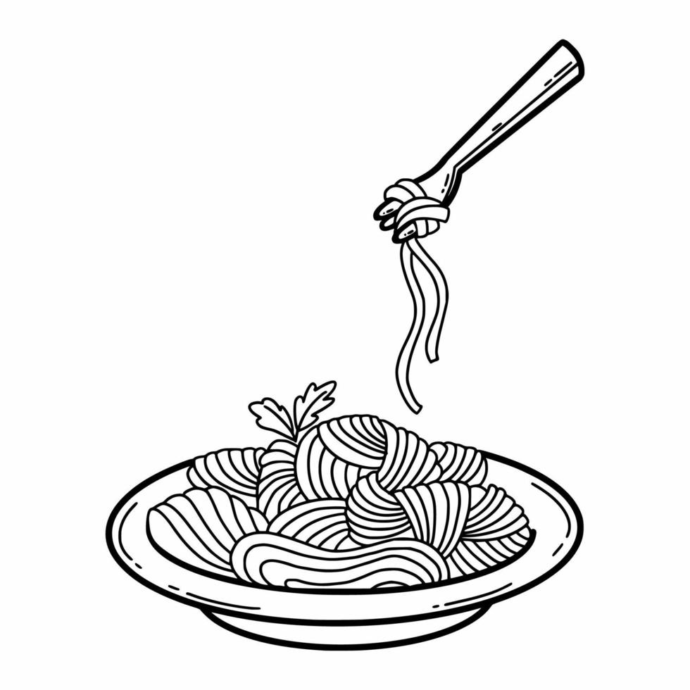 Italian pasta in plate. National dish. Spaghetti. Vector doodle illustration. Hand drawn sketch. Icon for menu.