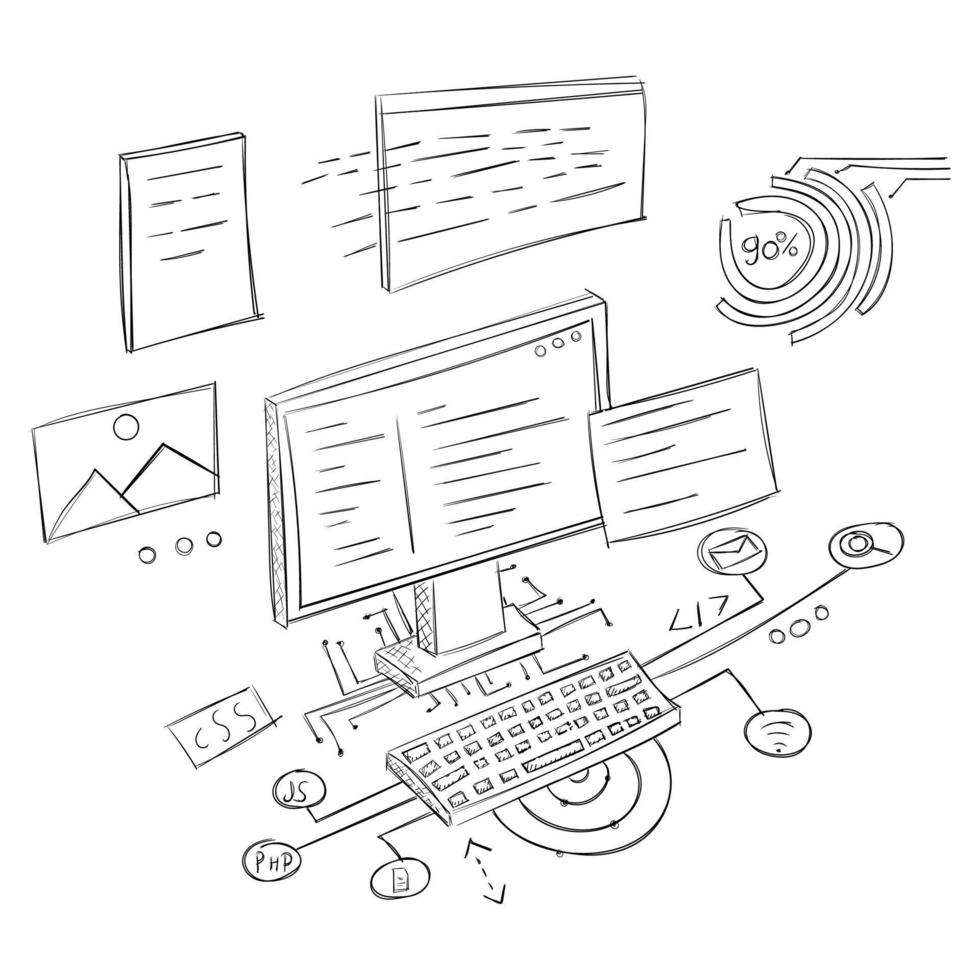 Hand drawn doodle computer Sketch of a computer Concept of creative  office workspace Working place with computer Vector illustration 17172973  Vector Art at Vecteezy