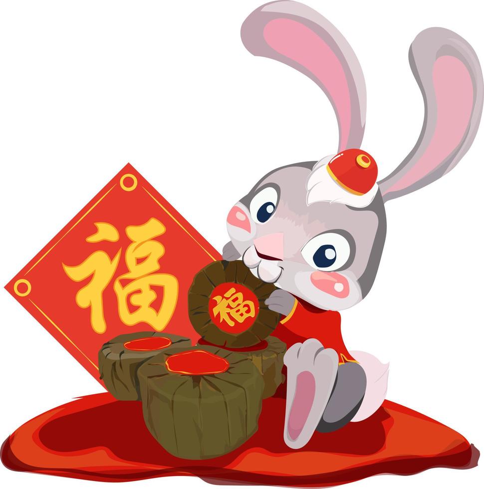 ilustración vectorial del año nuevo chino y símbolo del conejo, comiendo pastel de diseño especial de año nuevo vector