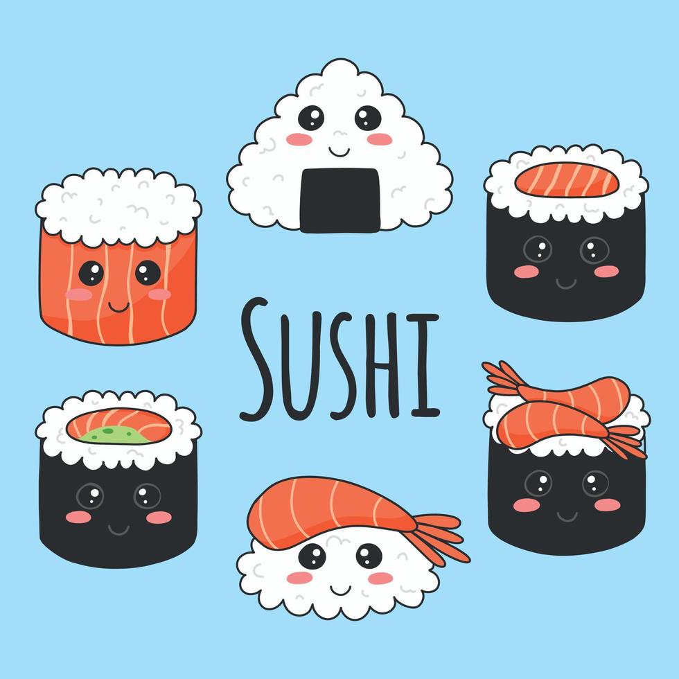 Cute sushi in kawaii style. Vector illustration. Asian food. Salmon sushi, onigiri and shrimp sushi. Sushi characters.