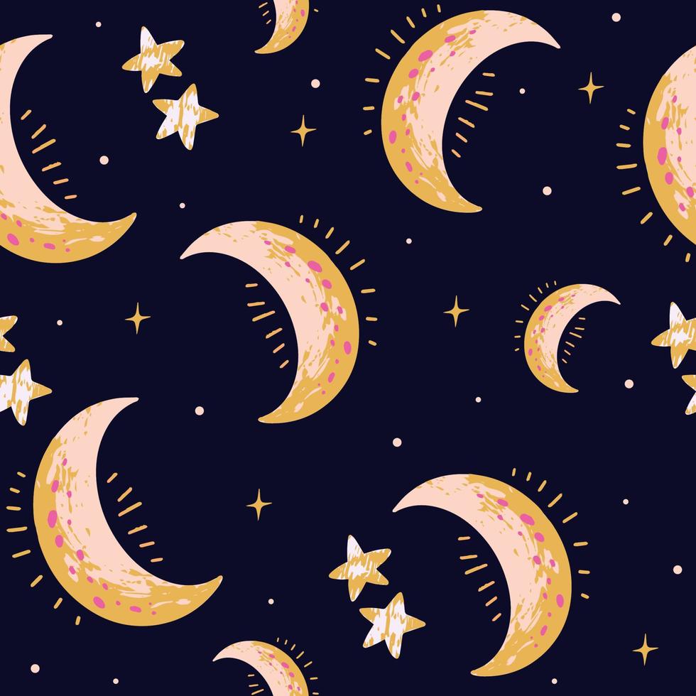Colorful hand-drawn space pattern with moons and stars on dark background, night pattern vector