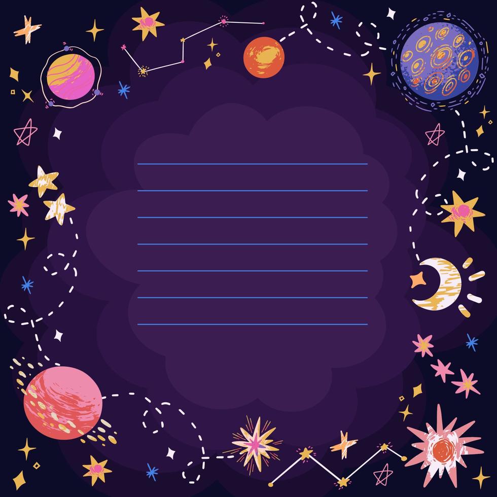 colorful hand-drawn vector card space template with planets, stars,  comets, constellations