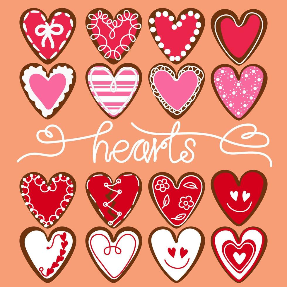 A set of hearts of different colors in the form of cookies with icing. Ginger cookies in the shape of hearts with a different kind of glaze. Background for printing holiday packaging, candy store vector