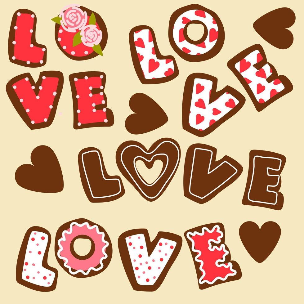 A set of letters love in the form of cookies with icing. Ginger cookies in the shape of letters with a different contour of glaze. Background for printing a postcard with cookies vector
