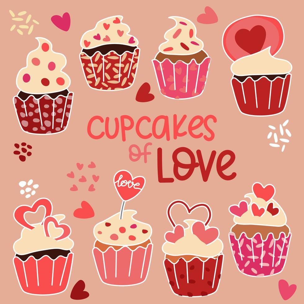 Set of sweet cupcakes. Collection of creamy muffins with decoration. Delicous food. Confectionery. Vector illustration of sweet baking on color background.