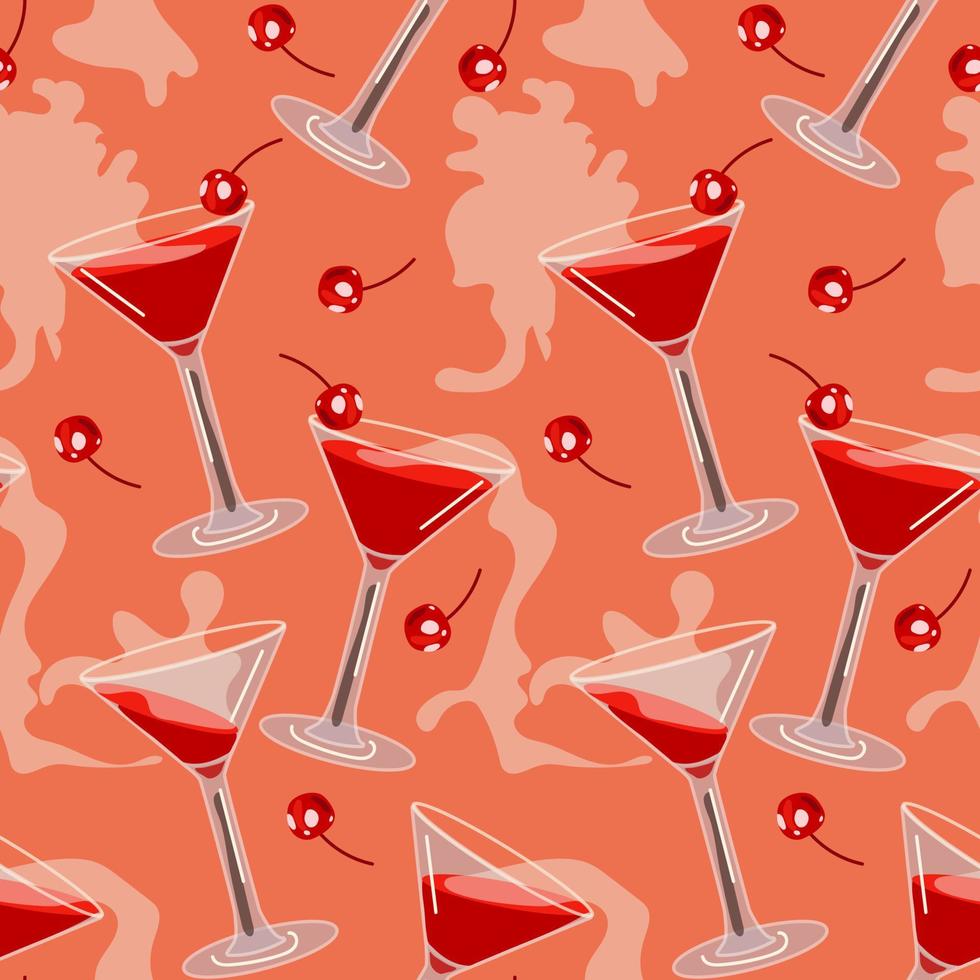 A pattern of several cherry martini cocktails for Valentine's Day. A glass glass with cherries and smoke from cold ice. An illustration for a party on an abstract background. Vector illustration.