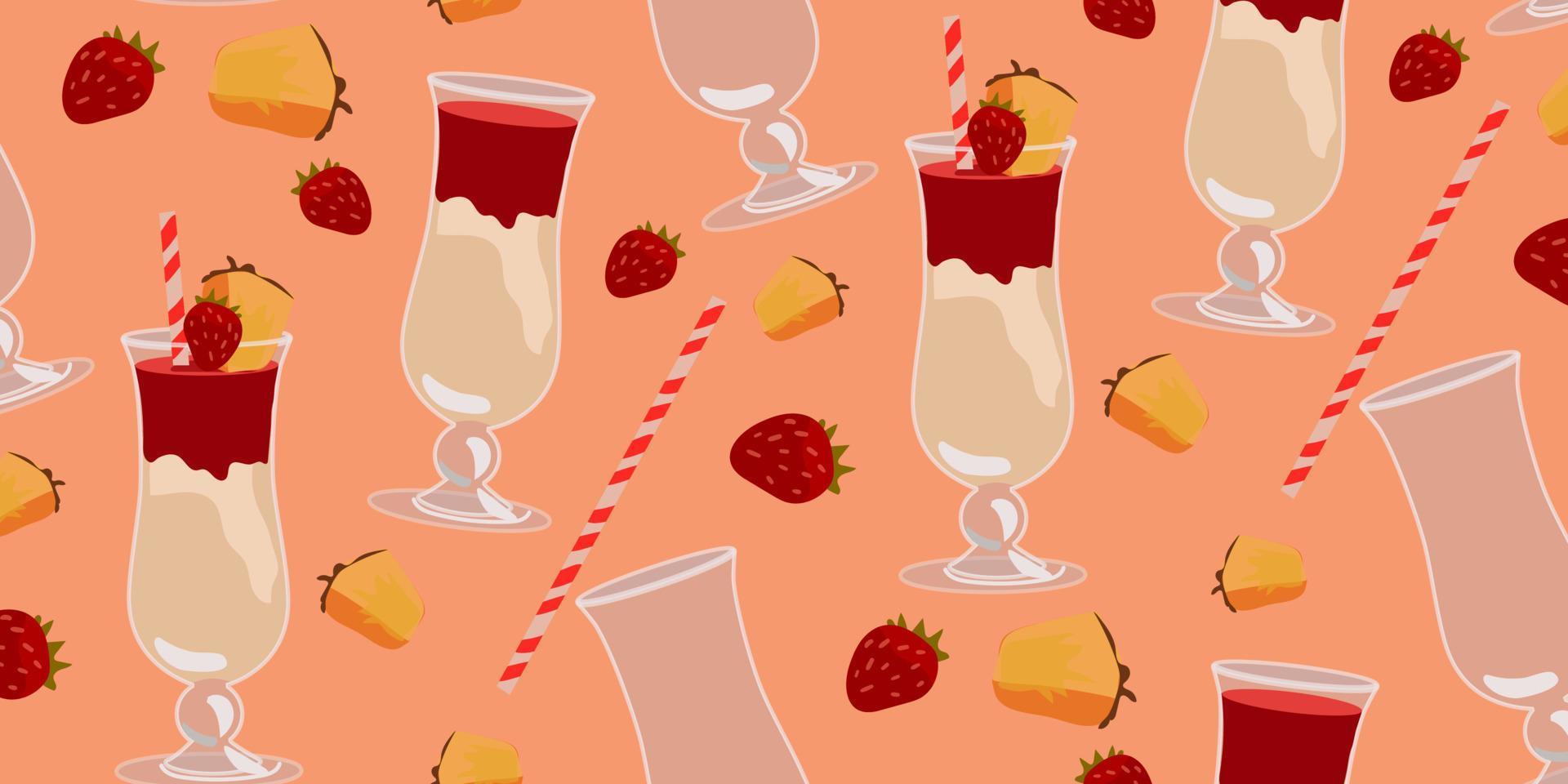 A pattern of several Valentine's Day cocktails with strawberries and pineapple. A glass glass with a straw. Illustration for a party. Vector illustration. Gift packaging